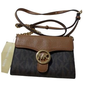 *New*Michael Kors Monogram Black & Tan Leather Crossbody Purse